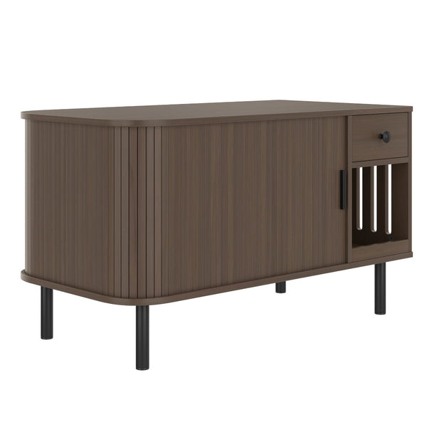 English Elm 37.4" Mdf Cat Litter Enclosure with Tambour Door Walnut Finish and Charging Station N704P380550D