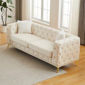 English Elm Fx Chesterfield Velvet Sofa with Diamond Tufting Polished Legs and Accent Pillows Beige W1926S00080