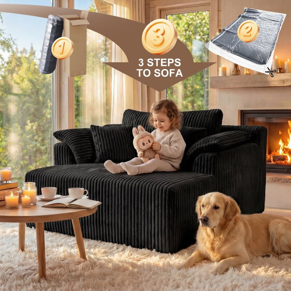 English Elm 60 Inch Oversized Corduroy Cloud Chaise Frameless Deep Seat Lounge for Living Room Black W1919P499870