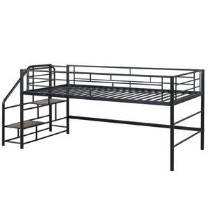 English Elm Mid Mid Loft Bed with Storage Stairs Twin Safety Ladder Low 26.6" Slats Sturdy Metal Frame Black MF323325AAB