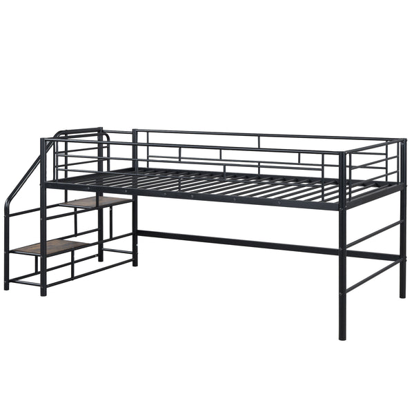 English Elm Mid Mid Loft Bed with Storage Stairs Twin Safety Ladder Low 26.6" Slats Sturdy Metal Frame Black MF323325AAB