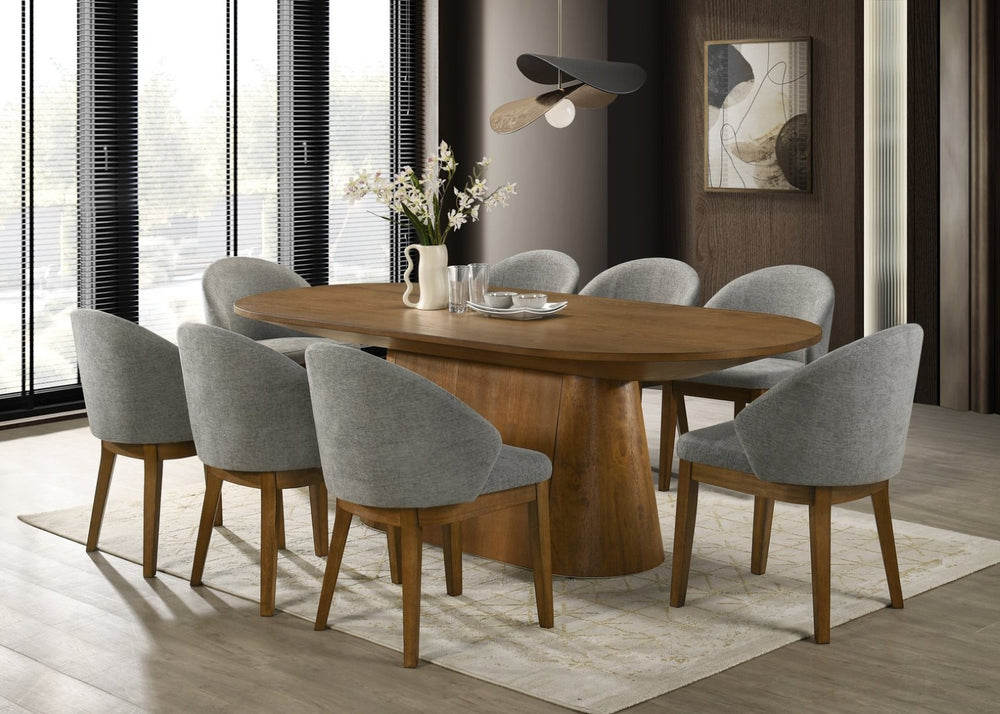 English Elm Andreo Nine Piece Oval Walnut Pedestal Dining Set Seats Eight with Gray Upholstered Chairs B2749S00359