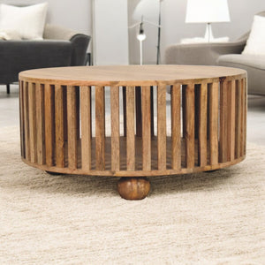 English Elm Slatted Round Mango Wood Coffee Table in Oak-ish Finish — Handcrafted, Sustainable, Modern Centerpiece B182P303418