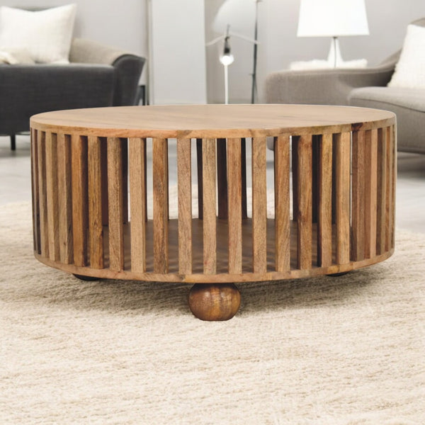 English Elm Slatted Round Mango Wood Coffee Table in Oak-ish Finish — Handcrafted, Sustainable, Modern Centerpiece B182P303418