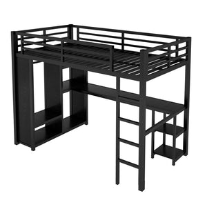 English Elm Twin Xl Loft Bed Frame With Desk & Wardrobe, Space-Saving Metal Design With Storage Shelves, Black W1580S00119-GIGA