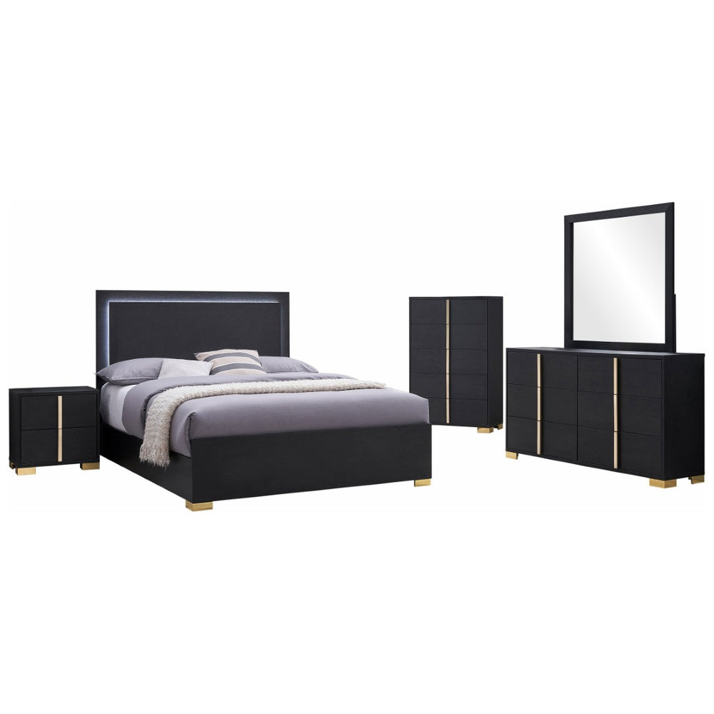 English Elm Jeremiah Art Deco Eastern King Bedroom Set with Led Headboard and Gold Accents B062S01823