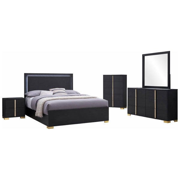 English Elm Jeremiah Art Deco Eastern King Bedroom Set with Led Headboard and Gold Accents B062S01823