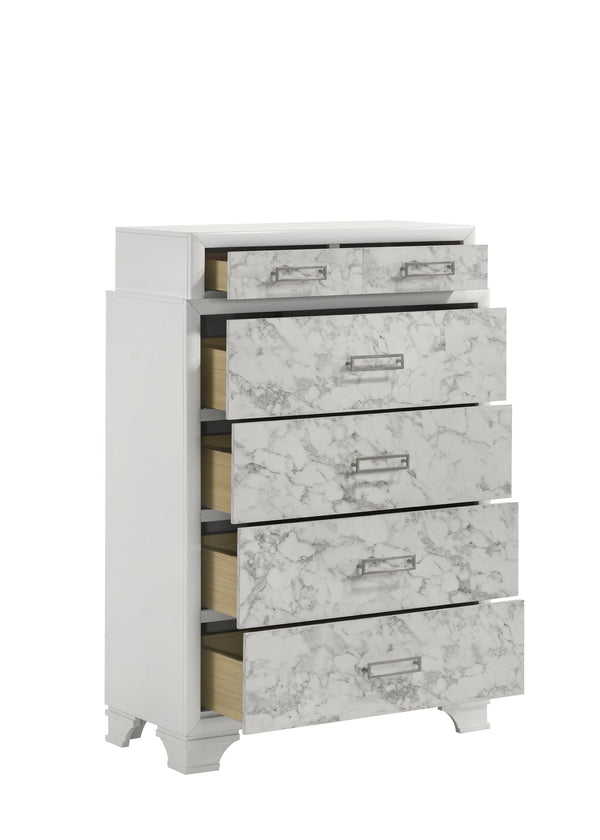 English Elm Soul Modern White Chest of Drawers with Marble Panels, 6 Spacious Drawers & Silver Handles for Bedroom Elegance and Durable Manufactured Wood Storage B009P309604