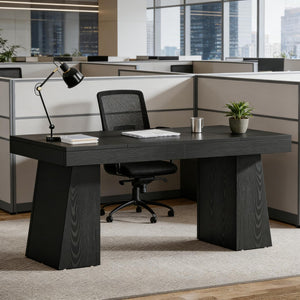 English Elm Writing Desk with Five Drawers Reversible Cabinet Home Office Vanity Workstation Black T3971P452733