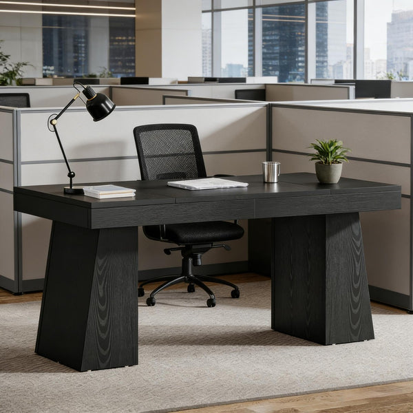 English Elm Writing Desk with Five Drawers Reversible Cabinet Home Office Vanity Workstation Black T3971P452733