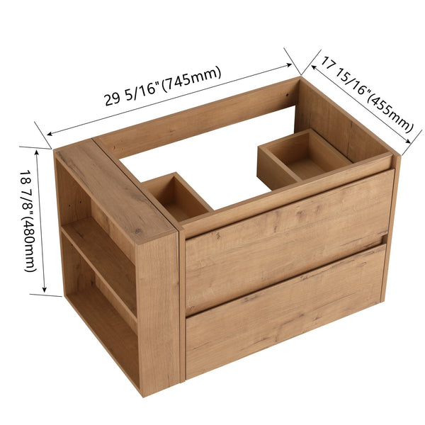 English Elm 30" Wall Mounting Bathroom Vanity Cabinet with Adjustable Side Shelf, Soft-Close 2/3 Drawers, Water-Resistant Plywood Imitative Oak W999P193004