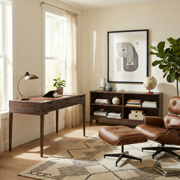 English Elm Harper Solid Wood Low Bookcase with Splayed Legs Walnut Finish Mid-century Modern Shelf B136P481644