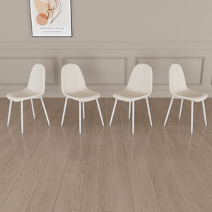 English Elm Dining Chair Set of 4 Beige Linen Upholstered Spoon-Shape Seats with White Metal Legs, Mid-Century Modern Comfort and Floor-Protecting Pads W2189P190477