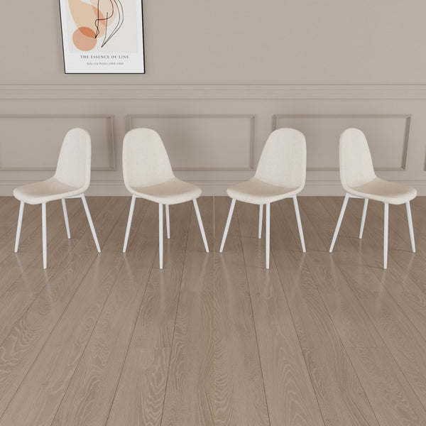English Elm Dining Chair Set of 4 Beige Linen Upholstered Spoon-Shape Seats with White Metal Legs, Mid-Century Modern Comfort and Floor-Protecting Pads W2189P190477