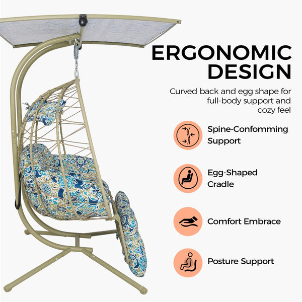 English Elm 2-person Outdoor Wicker Egg Chair Hanging Swing with Canopy Stand and Cushions Cyan T5880P502254