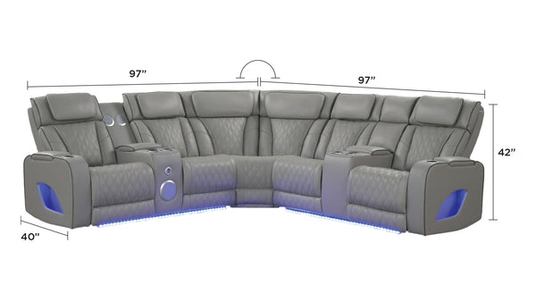 English Elm Fortuner Modern power recliner sectional with massage, Bluetooth speakers, LED lighting, USB charging, storage Gray B009S01797