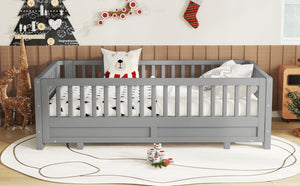 English Elm Twin Size Platform Bed With Guardrails - Stylish, Solid Wood Frame Converts To Double Twin, Grey W1580S00240-GIGA