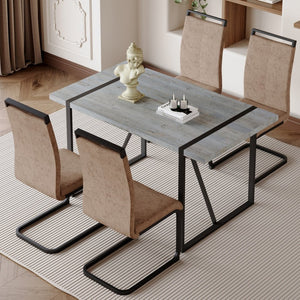 English Elm Table Set - Modern Minimalist Grey Marble Mdf Dining Table With 4 Brown Chairs And Black Legs W1151S02681-GIGA