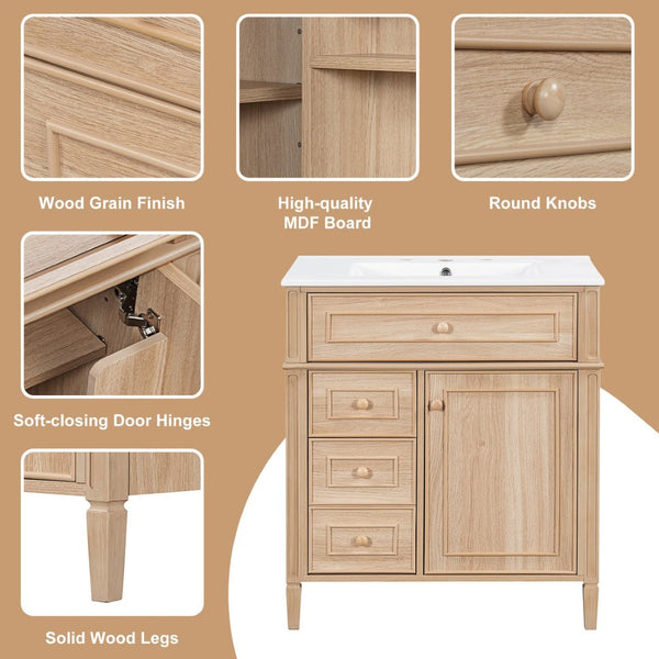 English Elm "30'' 30 Inch Freestanding Bathroom Vanity Solid Pine Cabinet Ceramic Sink Soft Close Storage N725P375498T