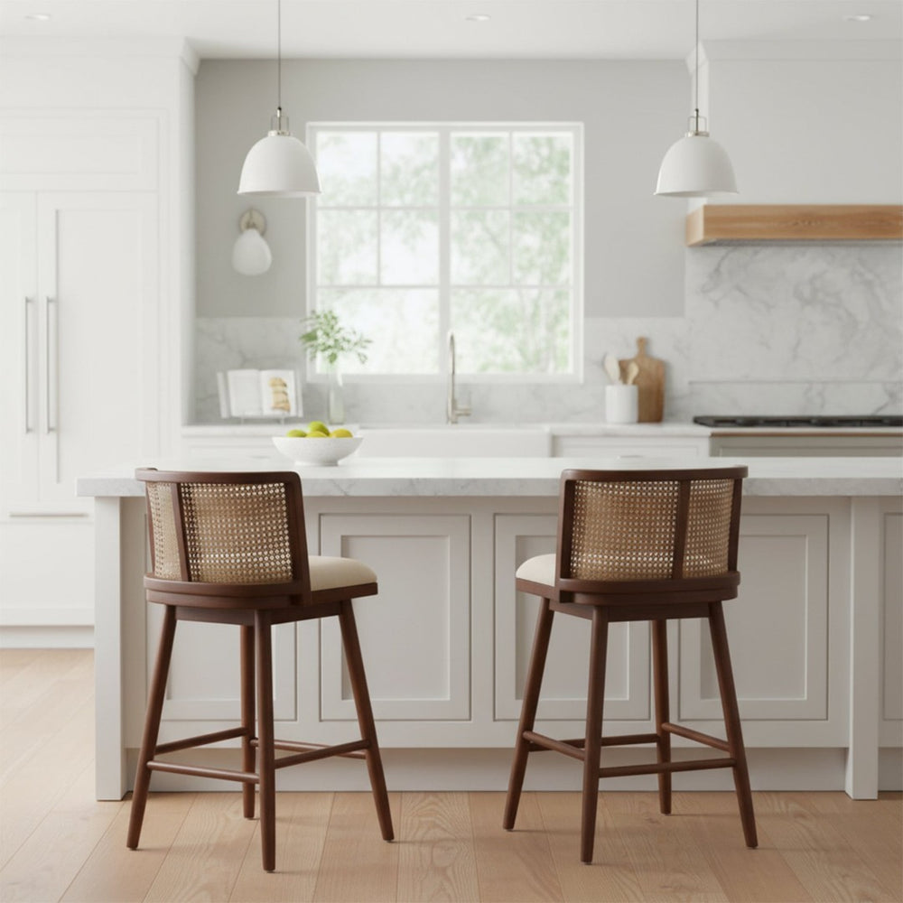 English Elm Talia Rubberwood Counter Stools with Rattan Back Cushioned Seat Scandinavian Set of 2 N775P369555D