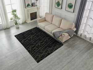 English Elm Luxury Faux Fur Area Rug - Plush Machine Washable Black & Gold Geometric Design With Anti-Slip Backing B030P233701