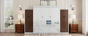 English Elm Queen Murphy Wall Bed with Fold Down Desk Dual Wardrobes and Drawers in White LP000925AAK