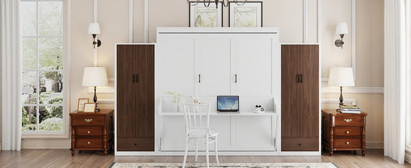 English Elm Queen Murphy Wall Bed with Fold Down Desk Dual Wardrobes and Drawers in White LP000925AAK-1