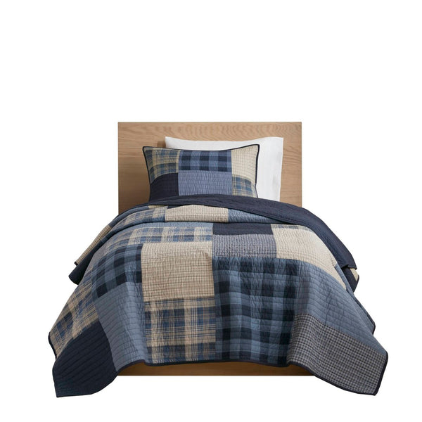 English Elm 2-piece Cotton Patchwork Quilt Set Navy Denim Plaid All Season Twin Bedding B035P463256