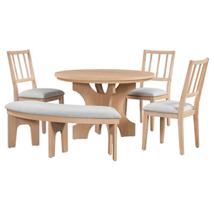 English Elm TREXM Round 5-Piece Rustic Dining Set with Upholstered Chairs and Curved Bench, Distressed Wood Finish Beige+Natural ST000146AAD