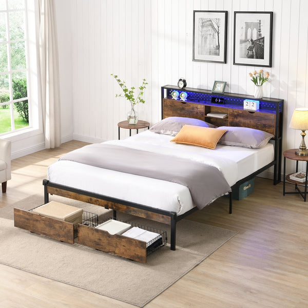 English Elm King Size Metal Platform Bed with Wooden Headboard, USB Outlets, LED Lights, 2 Drawers, 600LB Limit W311P167048