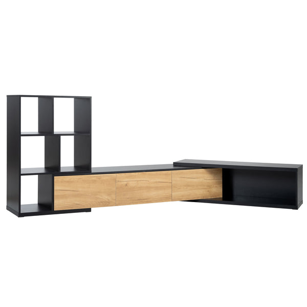 English Elm ON-TREND Extendable TV Stand 74.8"-126" with 3-Tier Shelves, Sliding Tabletop & Cabinets for Organized Living Room Black WF531669AAB