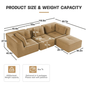 English Elm Modern Corduroy Sectional Sofa Tufted Deep Seat Couch with Movable Ottoman No Assembly Camel W714S01784
