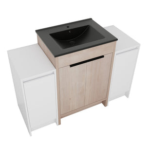 English Elm 48 Inch Freestanding Bathroom Vanity With Black Ceramic Sink, Soft-Close Doors & Ample Storage W999S00313