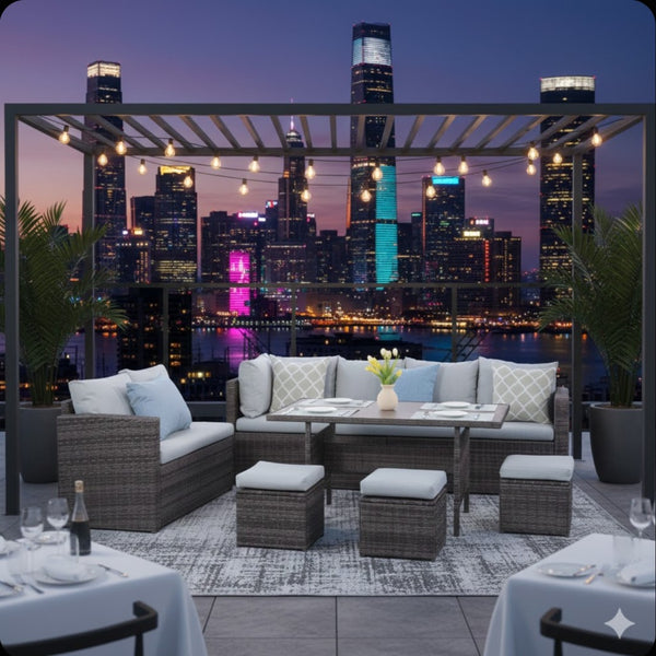 English Elm 7 Piece Outdoor Wicker Dining Set Modular Sectional Sofa Ottomans and Patio Table Grey+Brown B082S00077