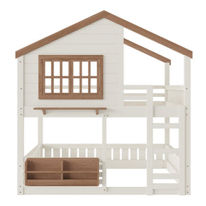 English Elm Full Bunk Bed with Trundle Bookshelf Storage Pine Frame Car Design for Kids Beige W1580S00523