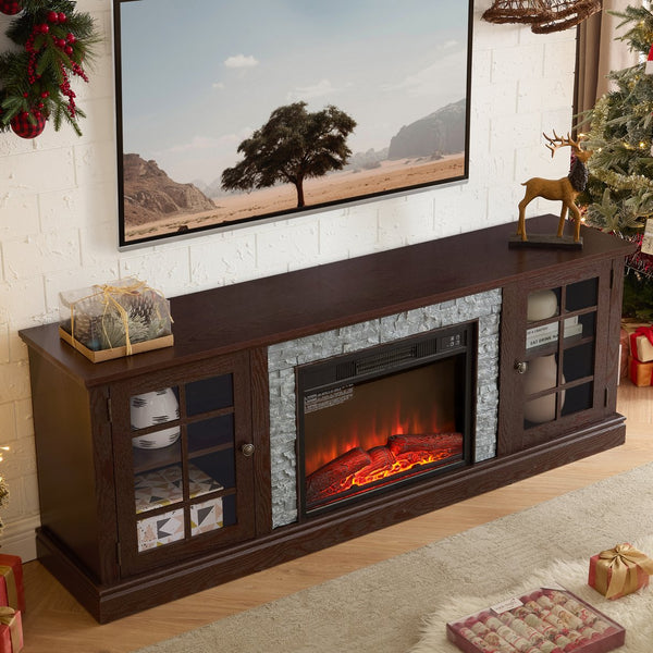 English Elm 70" Modern TV Stand with 23" Electric Fireplace, Faux Stone Mantel, Ample Storage & Cable Management Cherry W2275S00023