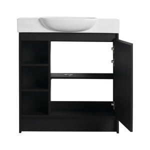 English Elm 30'' Freestanding vanity with white ceramic sink, soft-close doors, water-resistant melamine finish, modern handle design Dark Oak W999P310760