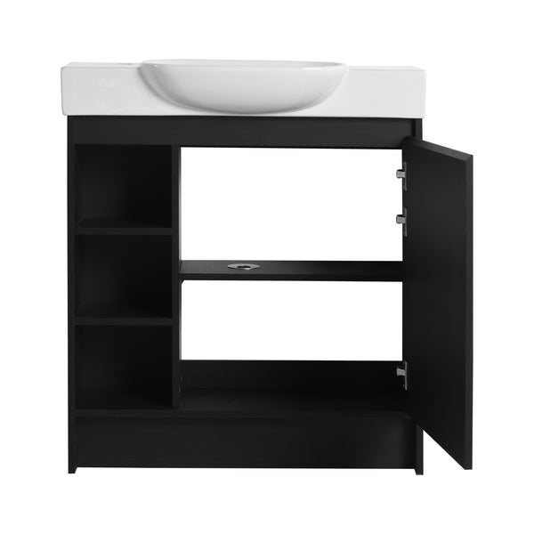 English Elm 30'' Freestanding vanity with white ceramic sink, soft-close doors, water-resistant melamine finish, modern handle design Dark Oak W999P310760