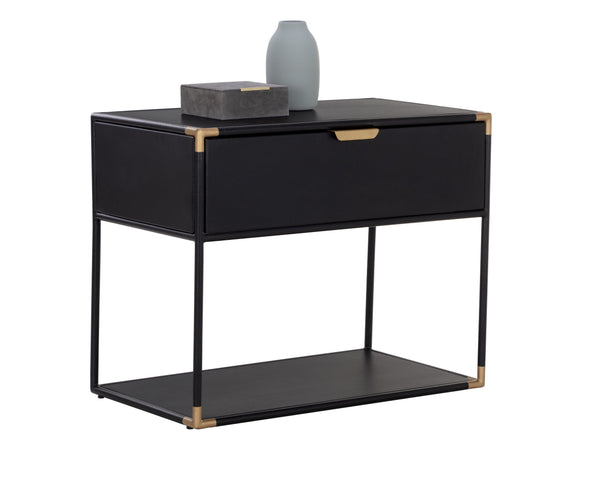 Sunpan Doone Nightstand: Handcrafted Matte Black Metal End Table with Brass Accents & Soft Close Drawers