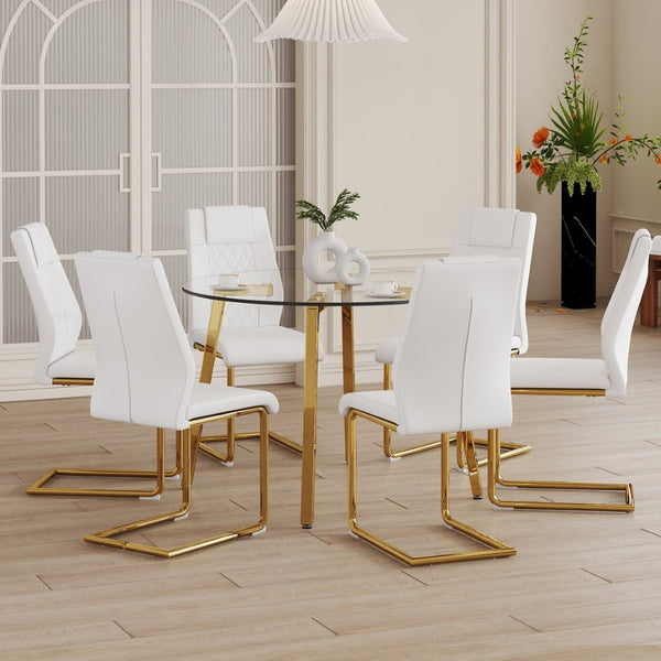 English Elm Table Modern Minimalist Round Glass Dining Set With White Pu Chairs & Gold Metal Legs For Style W1151S01715-GIGA