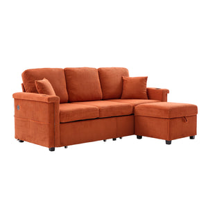 English Elm UNITED Corduroy L-Shaped Sectional Sofa with Storage Ottoman, USB Ports, Cup Holders & LED Lighting Orange W1568P332402