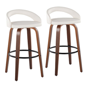 English Elm Fixed-height Swivel Barstools Walnut Bentwood Frame Faux Leather Seats Set of 2 B202S01859