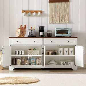 English Elm 61 modern TV cabinet with tempered glass accents, multifunctional storage console for living room White+Walnut W1162P205098