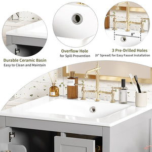 English Elm Modern 24 Inch Bathroom Vanity Solid Wood Cabinet with Ceramic Sink and Soft Close Storage Gray N729P292859E