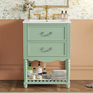 English Elm 24'' Vintage Bathroom Vanity with Ceramic Sink Soft Close Drawers Open Shelf Green N710P411237F