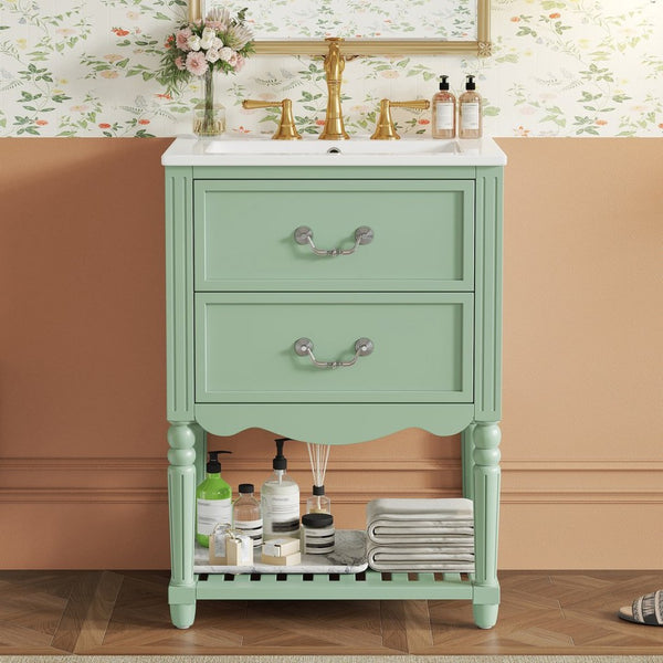 English Elm 24'' Vintage Bathroom Vanity with Ceramic Sink Soft Close Drawers Open Shelf Green N710P411237F