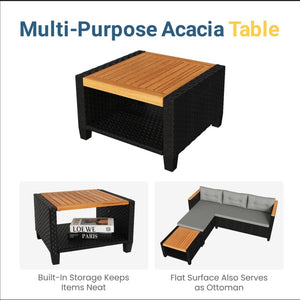 English Elm 3-piece Outdoor Pe Rattan L-shaped Sectional with Acacia Storage Table for Patio Black+Grey B082P455129