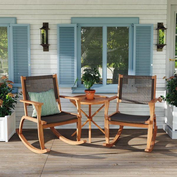 English Elm Go Acacia Wood Outdoor Rocking Chair Set Two Pe Wicker Seats for Patio Porch Dark Brown N704P245214D