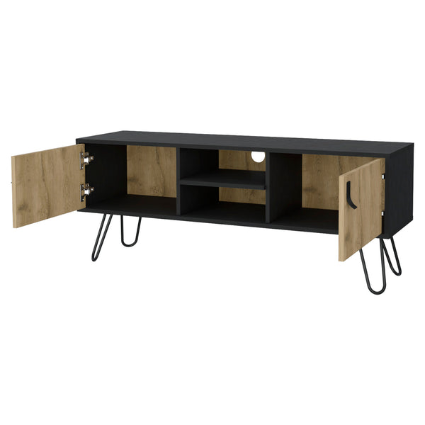 English Elm Kimball Modern Hairpin Legs TV Rack with 2 Doors, Open Shelves, Cable Management & Spacious Top B128P176179