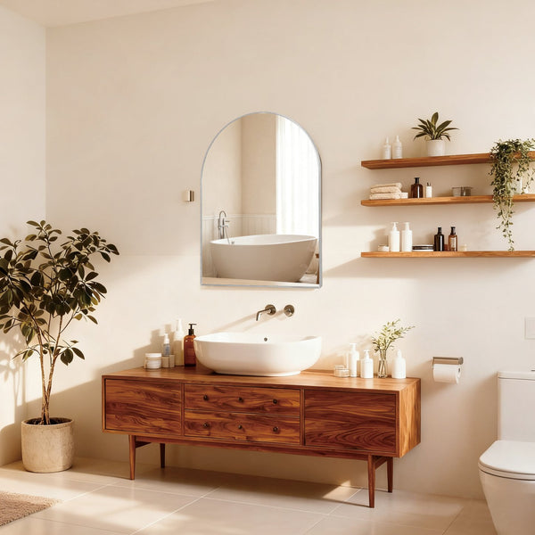 English Elm 30x36 Arched Bathroom Mirror with Anti-Rust Metal Frame, Shatterproof HD Glass, Easy Install Silver W2203P387491